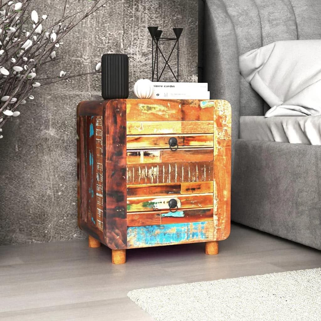 vidaXL Antique-Style Bedside Cabinet in Solid Reclaimed Wood with Two Handy Drawers - 16.9"x13"x20" - Ideal as Nightstand, Drawer Cabinet, and End Table